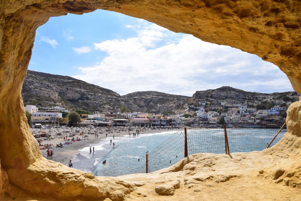 Aussicht Höhlen von Matala Strand Kreta Griechenland