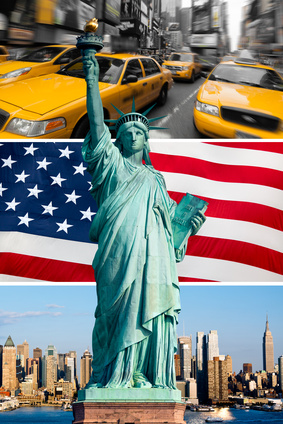 New York, statue de la liberté, taxi, skyline